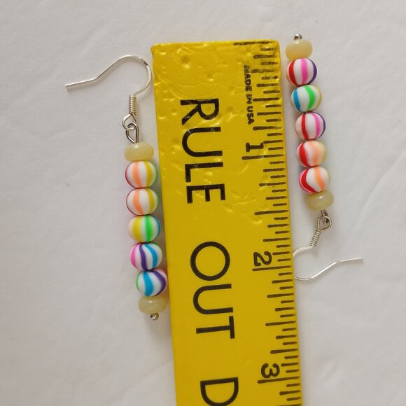 Handmade Rainbow Striped Earrings With Yellow Beads On Silver Plated Fishhooks - Picture 14 of 15
